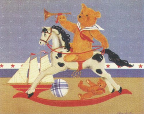 Bear on Rocking Horse - Open Edition Print by artist A Samuelson