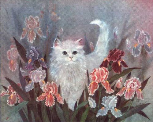 Kitten and Flowers - Open Edition Print by artist L Chang